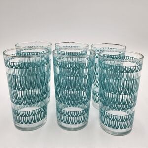 6 vintage Anchor Hocking tumbler drinking glasses Squiggle turquoise blue ribbon